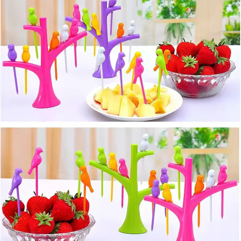 6 pieces Creative Fruit Forks Set with Colorful Bird Stand