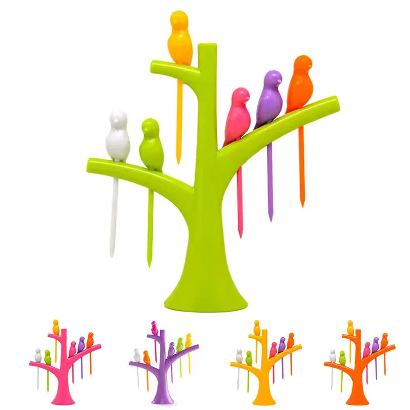 6 pieces Creative Fruit Forks Set with Colorful Bird Stand