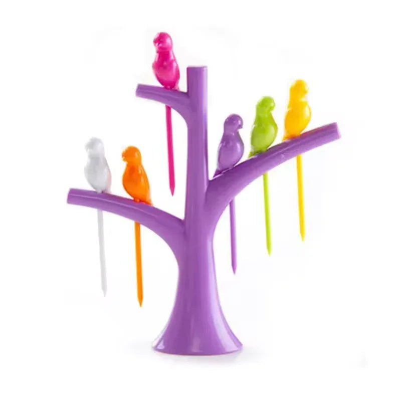 6 pieces Creative Fruit Forks Set with Colorful Bird Stand