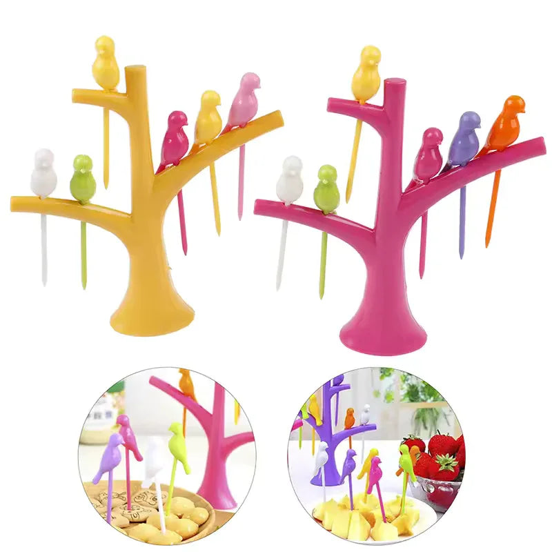 6 pieces Creative Fruit Forks Set with Colorful Bird Stand