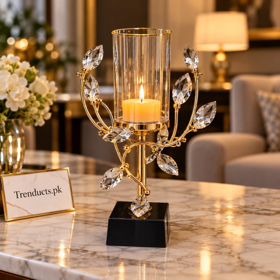 Crystal Leaf Candle Holder – Black Square Base