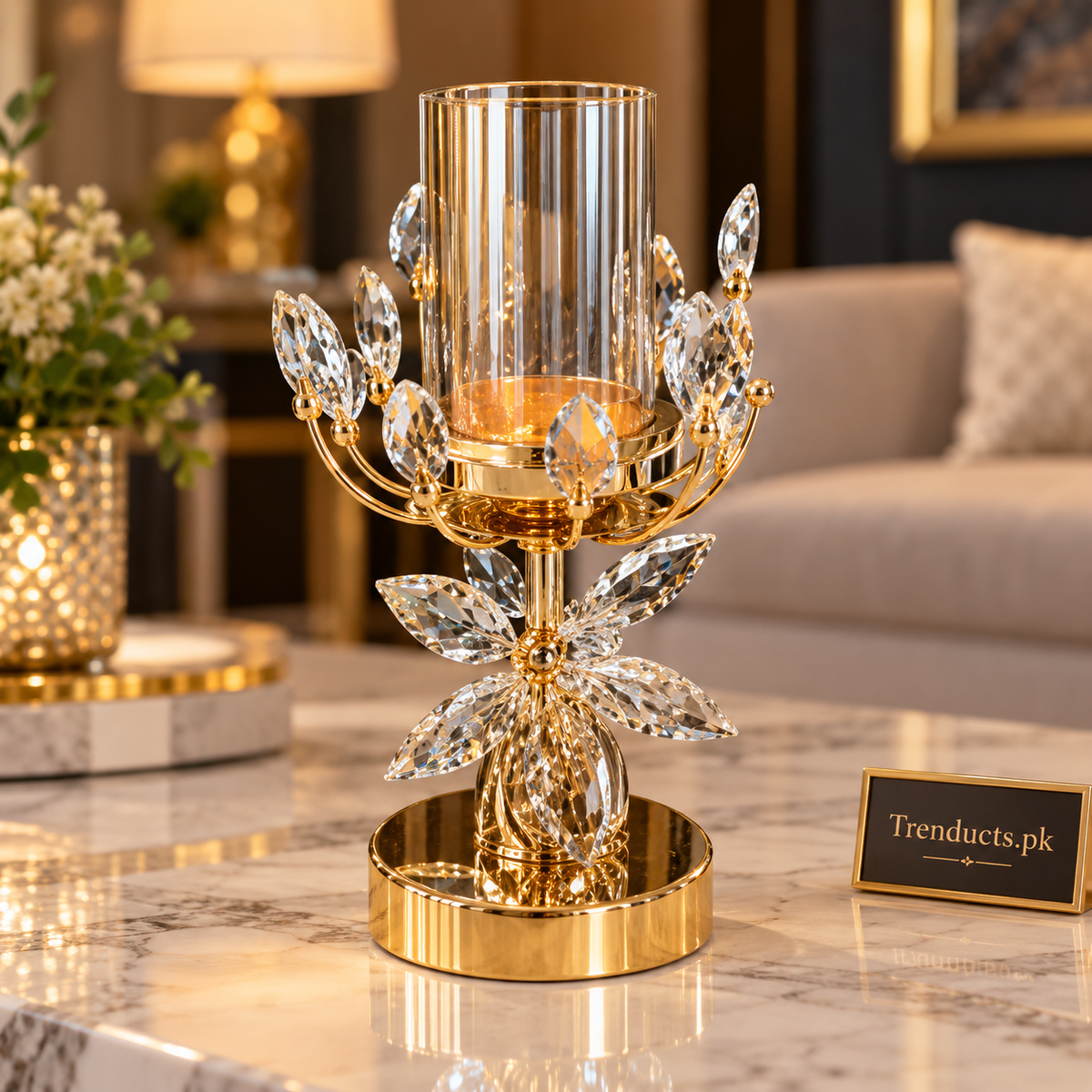 Crystal Leaf Candle Holder – Gold Round Base