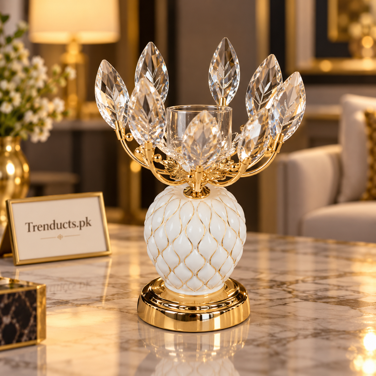 Crystal Leaf Candle Holder – White Diamond Base