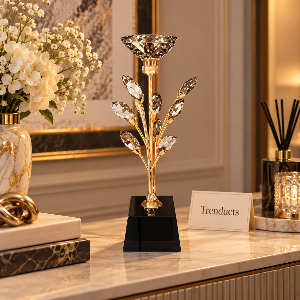 Crystal Leaf Candle Stand – Tall Black Base