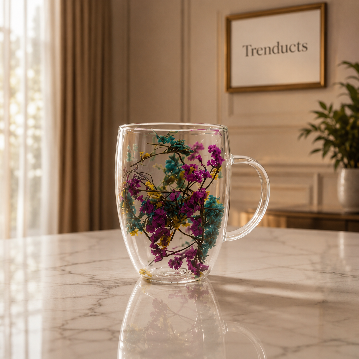 Double-Wall Curved Floral Glass Cup