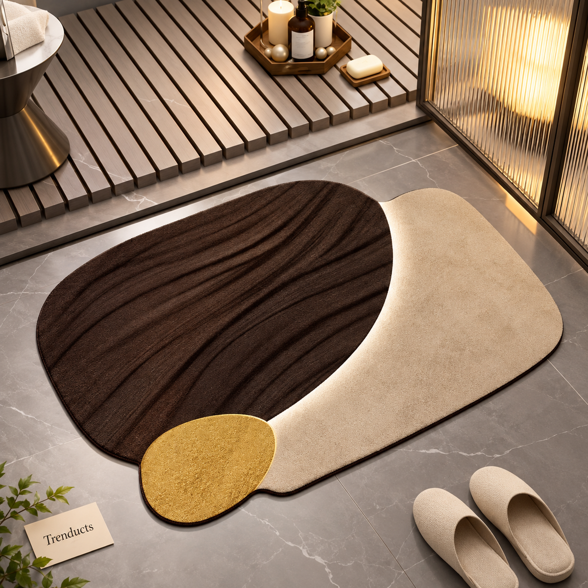 Curved Woodgrain & Cream Washroom Mat