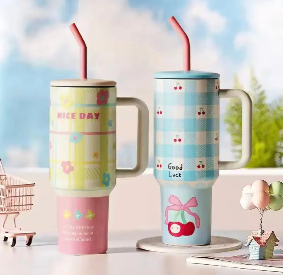 1200ml printed Stainless Steel Tumbler with Straw - Clarify.pk