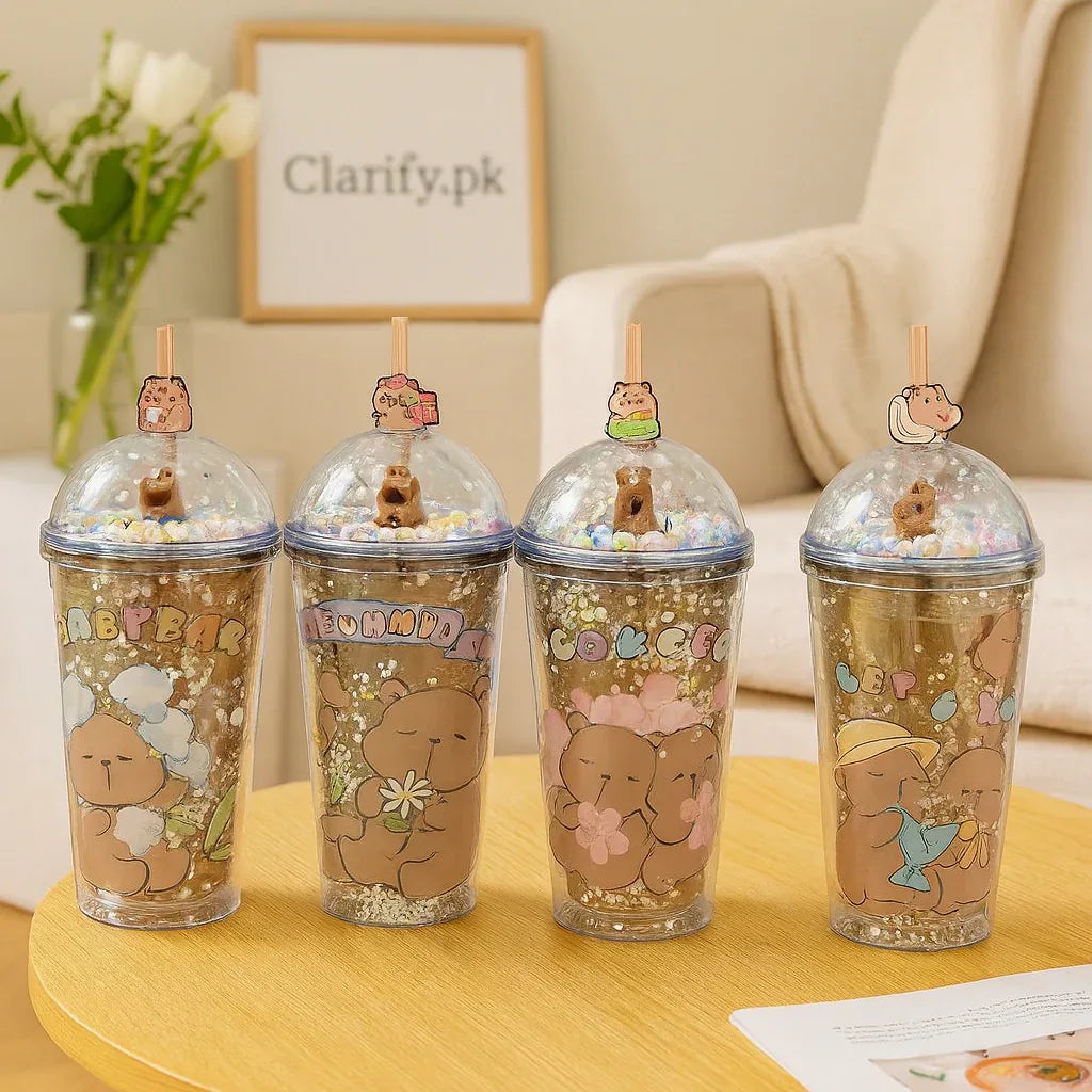 Cute Cartoon Bear Water Bottle with Straw - Clarify.pk