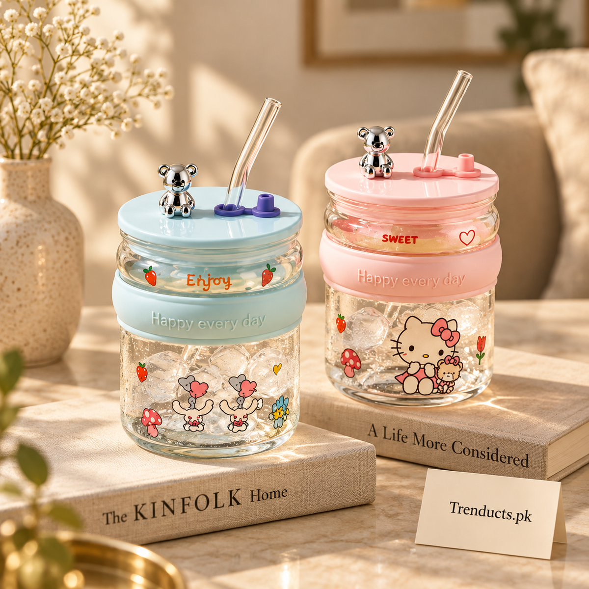 Cute Bear Glass Sipper with Straw (Random Color)