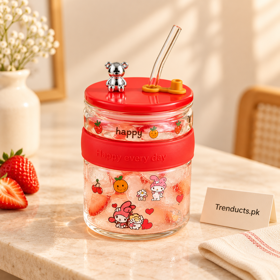 Cute Bear Glass Sipper with Straw (Random Color)