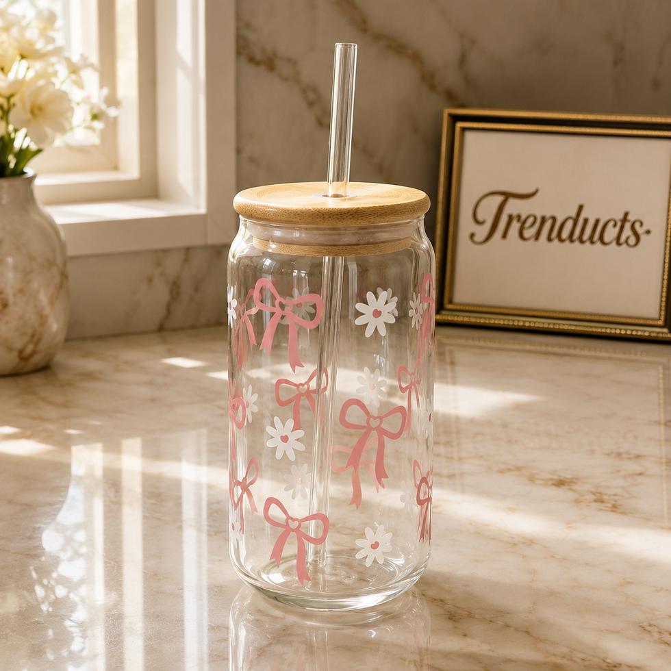 Cute Bow & Daisy Glass Sipper with Bamboo Lid