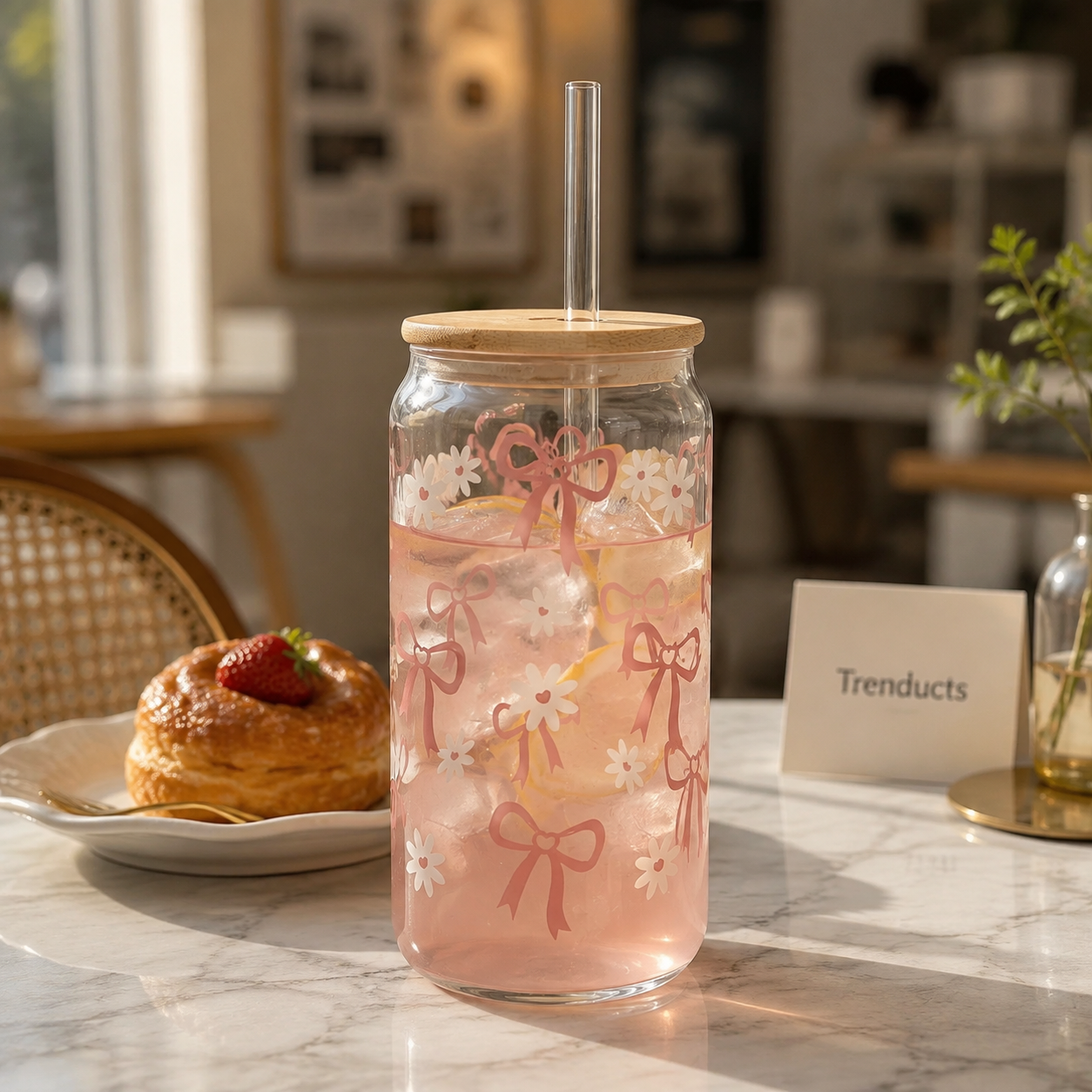 Cute Bow & Daisy Glass Sipper with Bamboo Lid