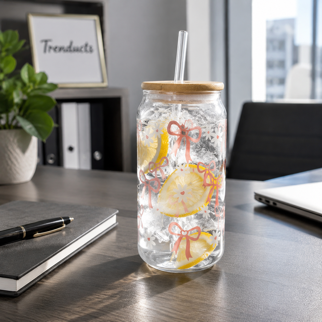 Cute Bow & Daisy Glass Sipper with Bamboo Lid