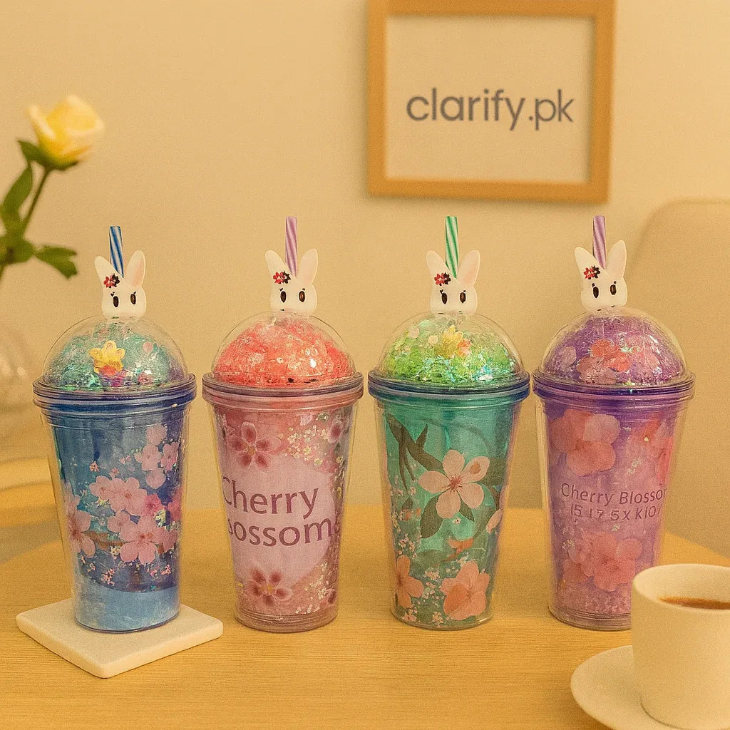 Floral Cherry Blossom Water Bottle with Bunny Lid - Clarify.pk