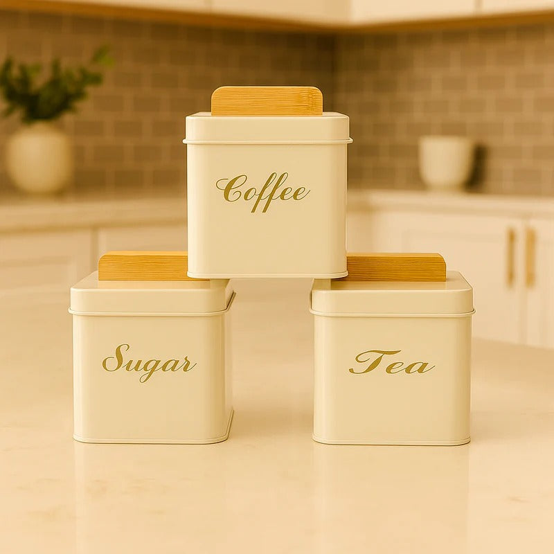 Luxury 3-Piece Square Metal Canister Set – Minimalist White & Bamboo