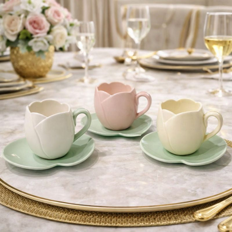 Aesthetic Tulip Flower Coffee Cup - Floral Cup & Saucer (each) - Trenducts.pk