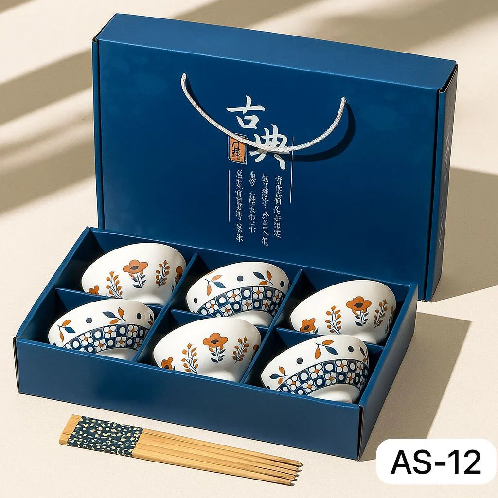 Japanese Ceramic Bowl Set of 6 with Chopsticks – Indigo Floral Print - Clarify.pk