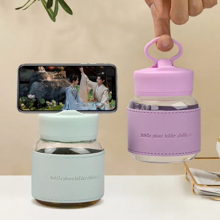 Phone Stand Glass Cup 300ml – Smart Desk Mug (Random color)