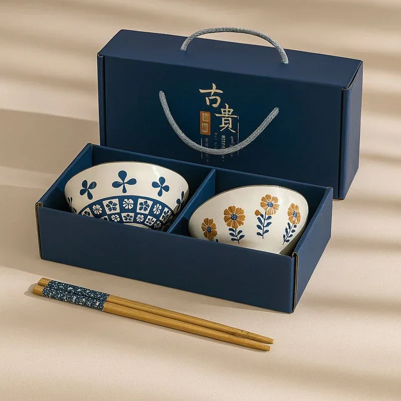 Japanese Ceramic Bowl Set of 2 with Chopsticks – Indigo Floral Print - Clarify.pk