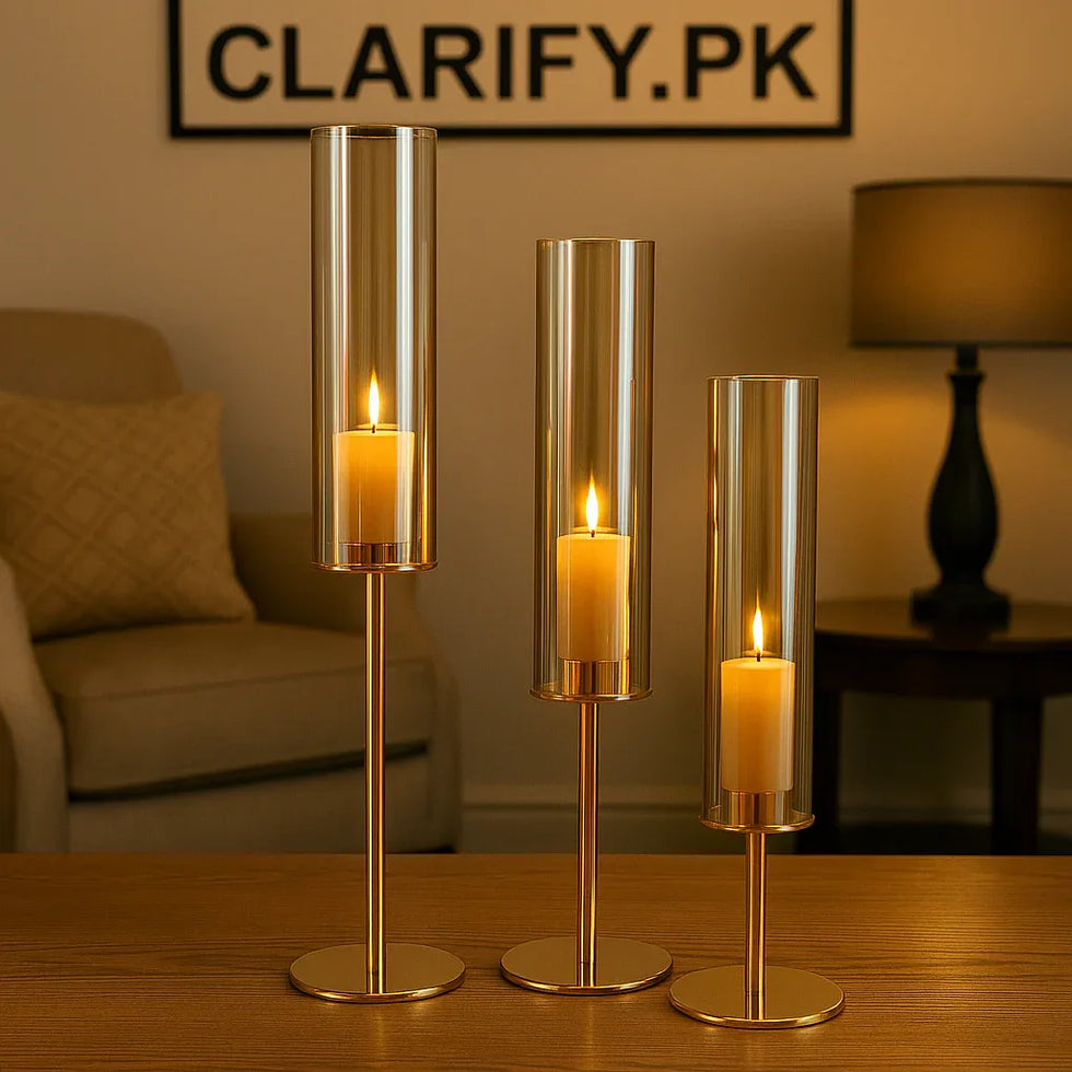 3Pcs Glass Candle Stand Set – Elegant Home Décor Collection (BIG) - Clarify.pk