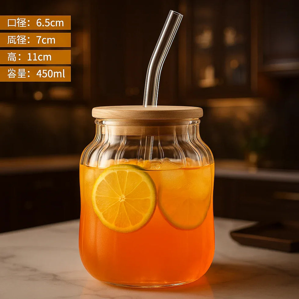 گلاس جار ٹمبلر - بانس کے ڈھکن اور دوبارہ قابل استعمال بھوسے کے ساتھ 450ml