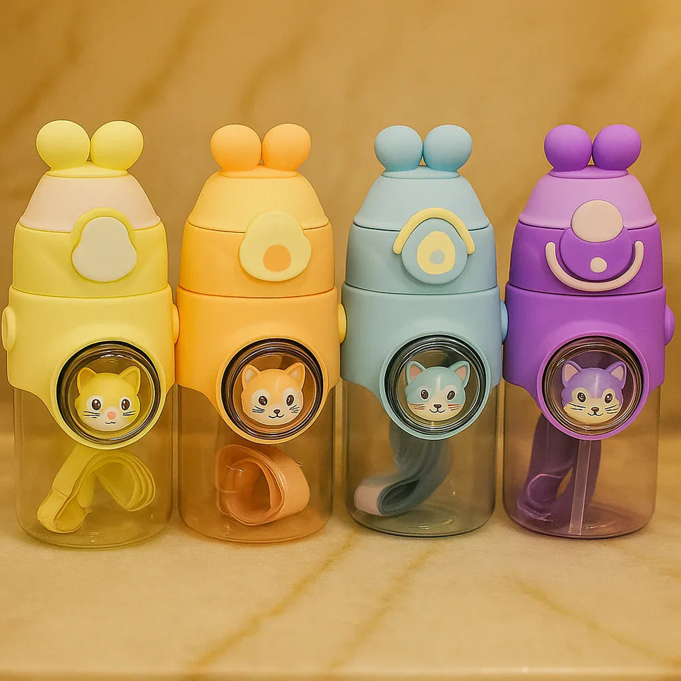 Cute Animal Kids Water Bottle – 500ml with Straw (Random Color) - Clarify.pk