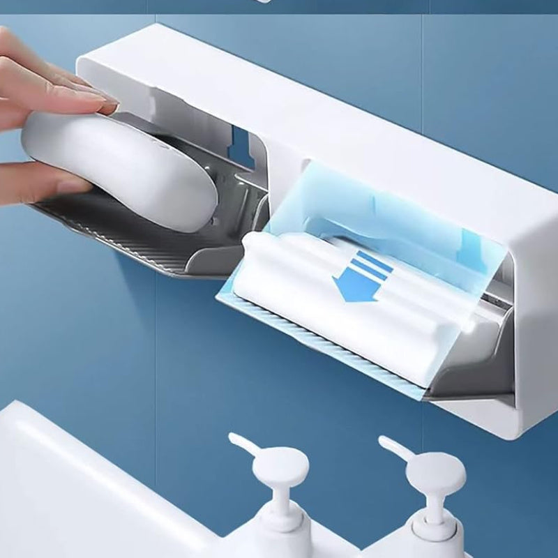 Wall-Mounted Soap Dish Holder with Lid – Double Grid Drain Box, Punch-Free