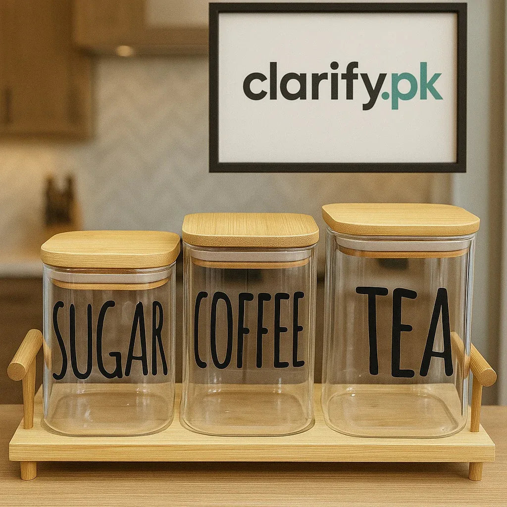 Sugar Coffee Tea Glass Jar Set with Bamboo Tray – 3 Pcs - Clarify.pk