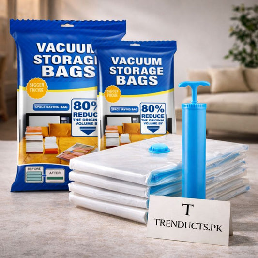5pcs Vacuum Storage Bag Set with Hand Pump - Space Saving Compression Bags - Trenducts.pk