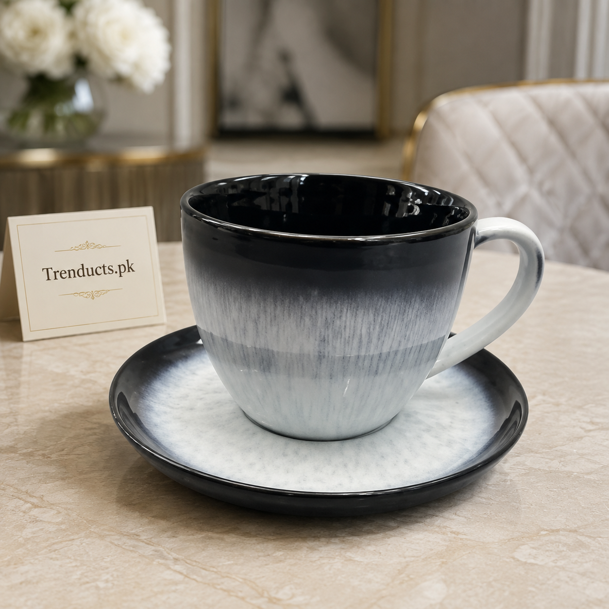 Danny Home Black & White Gradient 6 Pieces Cup & Saucer Set - 300ml