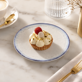 Danny Home Blue Rim 8.75-Inch Dessert Plate with raspberry tart