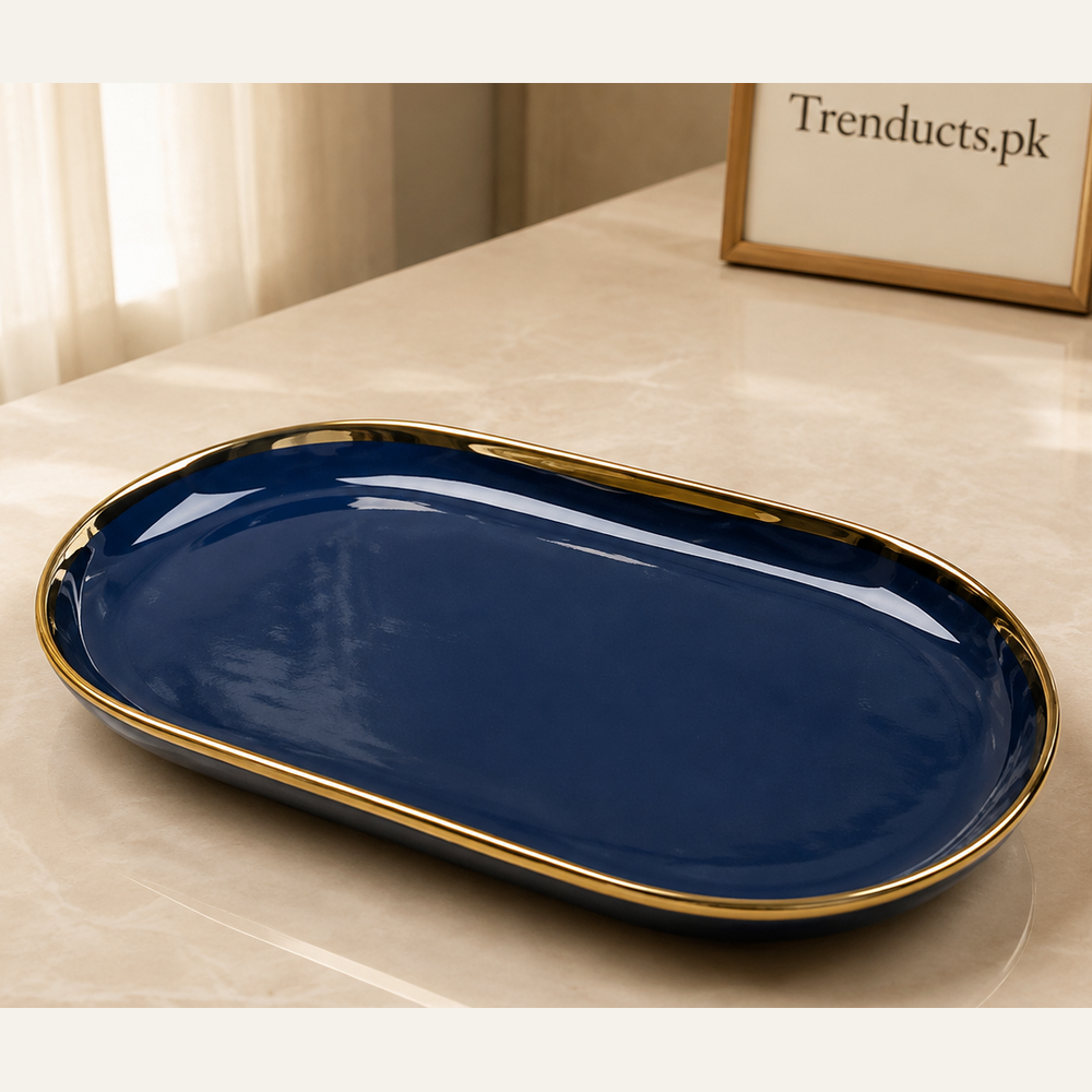 Danny Home Navy Gold Rim Oval Plate - 12 Inch