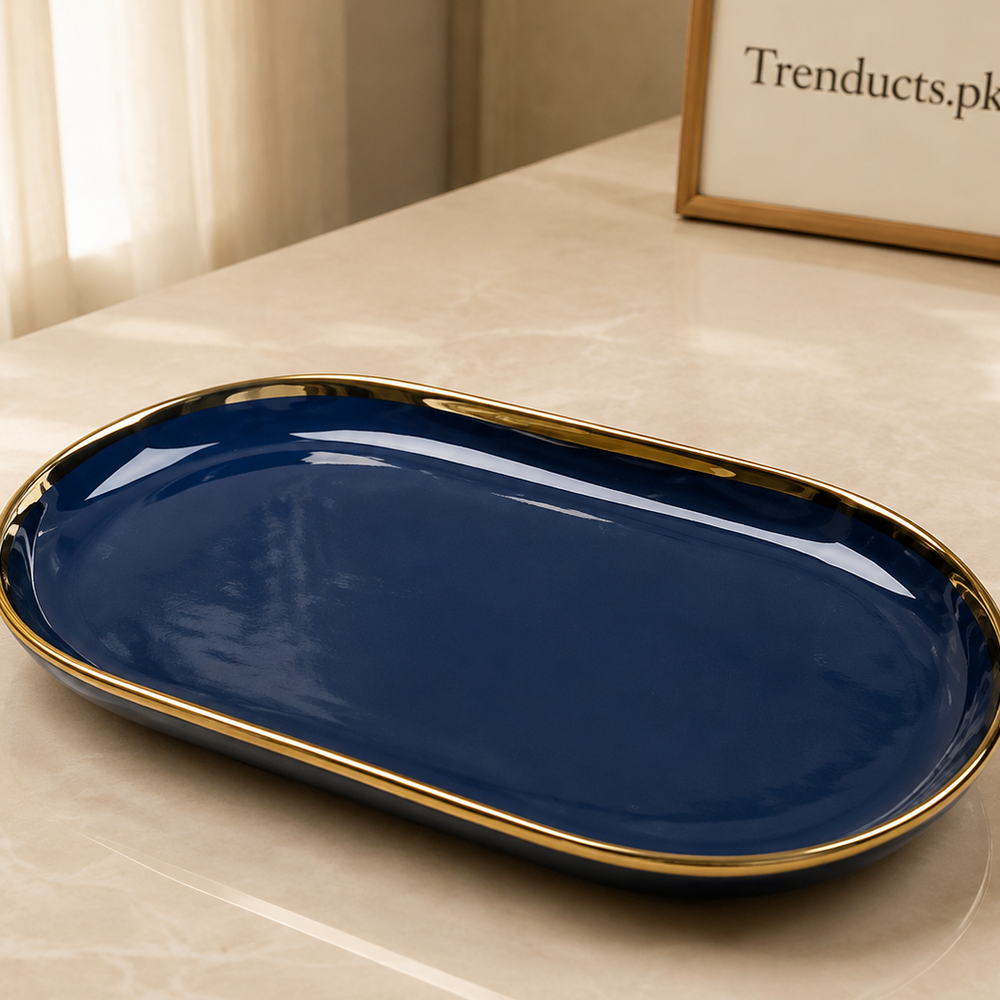 Danny Home Navy Gold Rim Oval Plate - 12 Inch