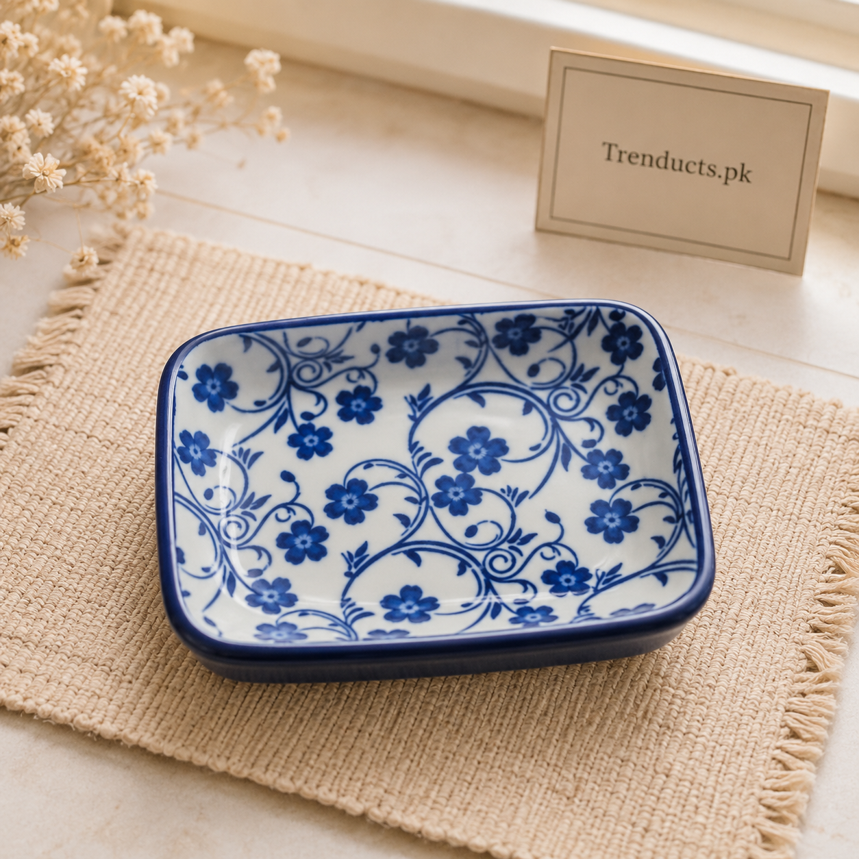 Danny Home Blue Flower Rectangular Dish - 3.75 Inch