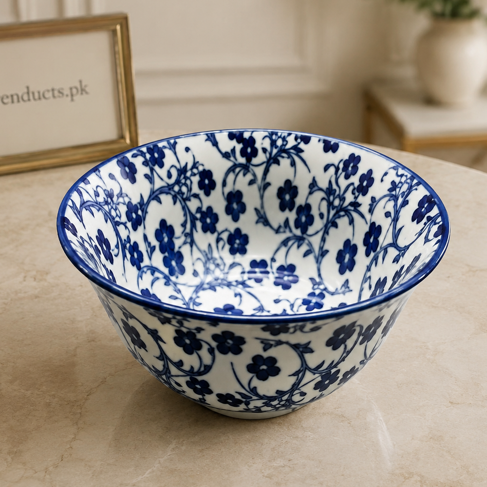 Danny Home Blue Flower Flared Salad Bowl - 8 Inch