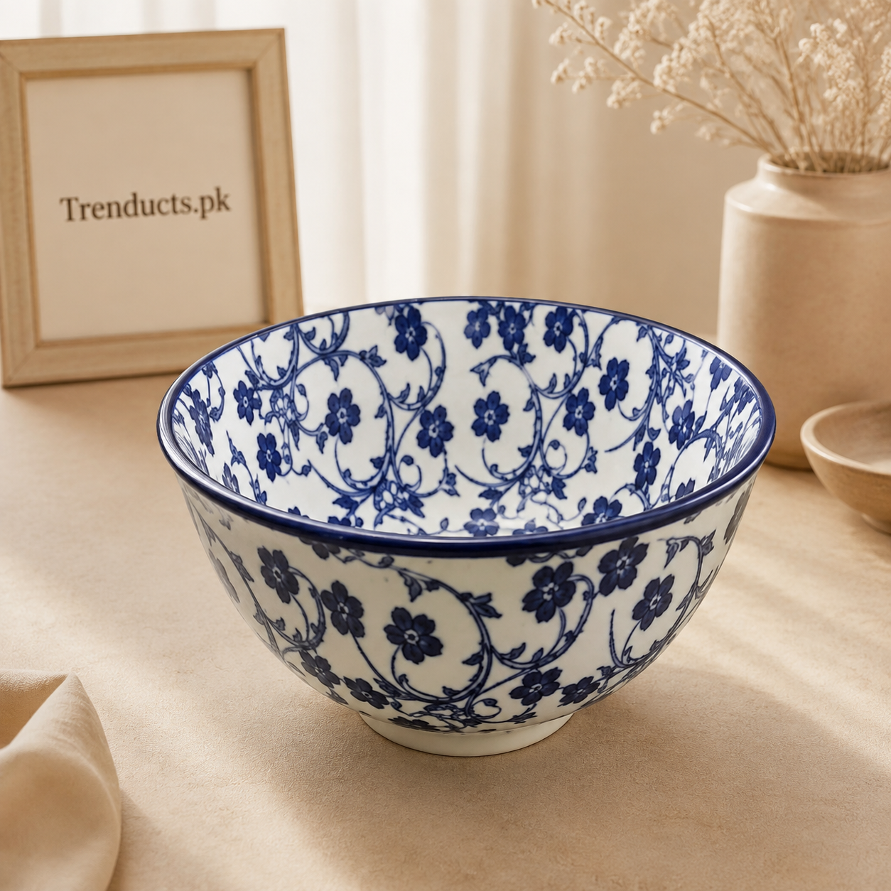 Danny Home Blue Flower Deep Salad Bowl - 8 Inch