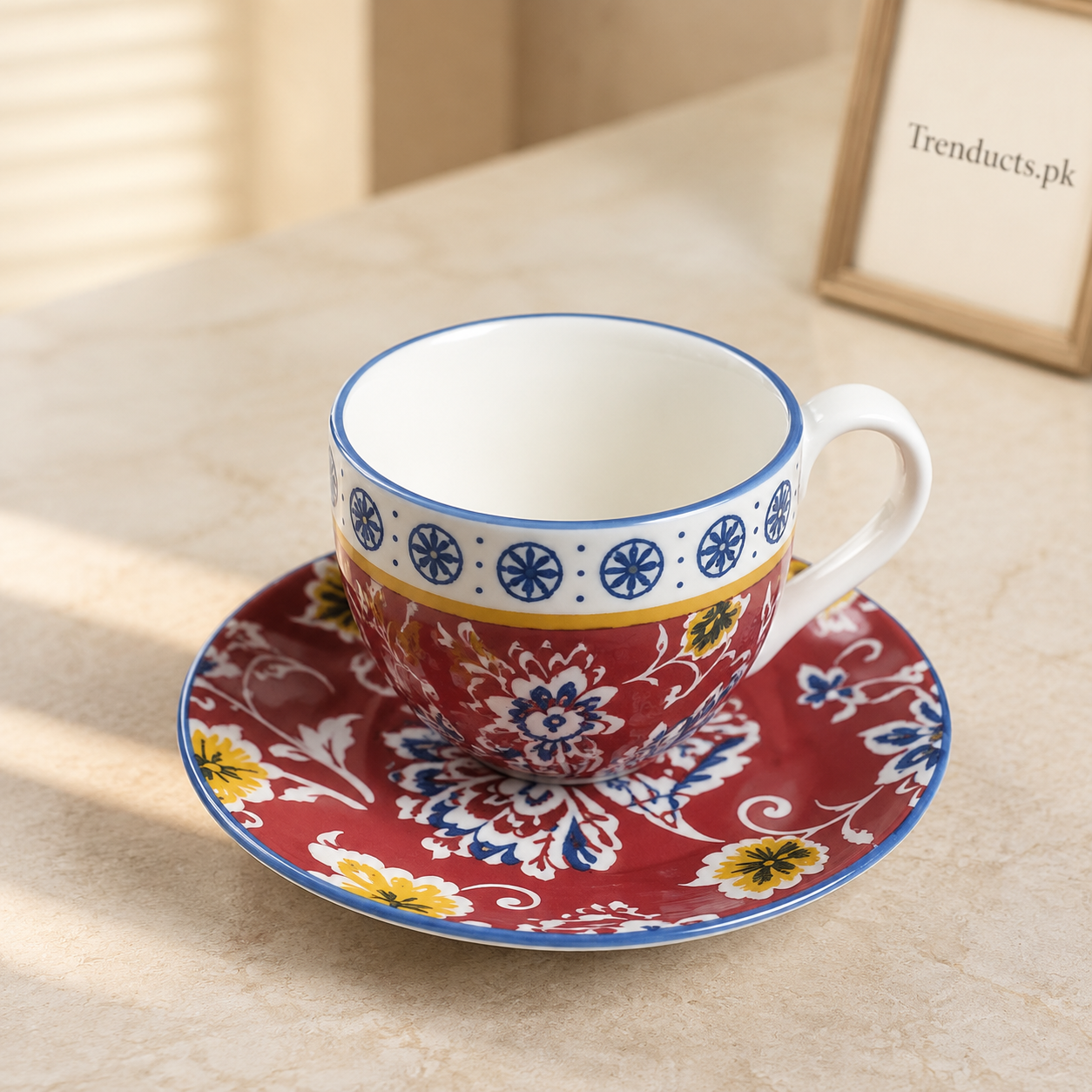 Danny Home Red Floral 6 Pieces Cup & Saucer Set - 220ml