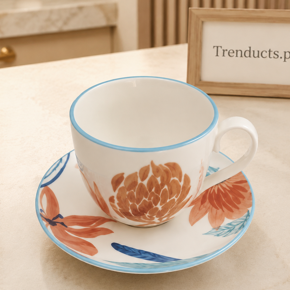 Danny Home Orange Floral 6 Piece Cup & Saucer Set - 220ml