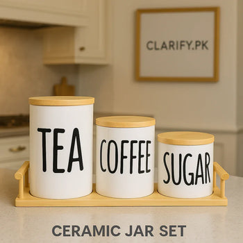 3 Pcs Ceramic Jar Set – Tea, Coffee & Sugar Storage Jars with Bamboo Lids & Wooden Tray - Clarify.pk