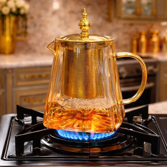 Premium Glass Tea Kettle with Golden Finish & Infuser - Clarify.pk