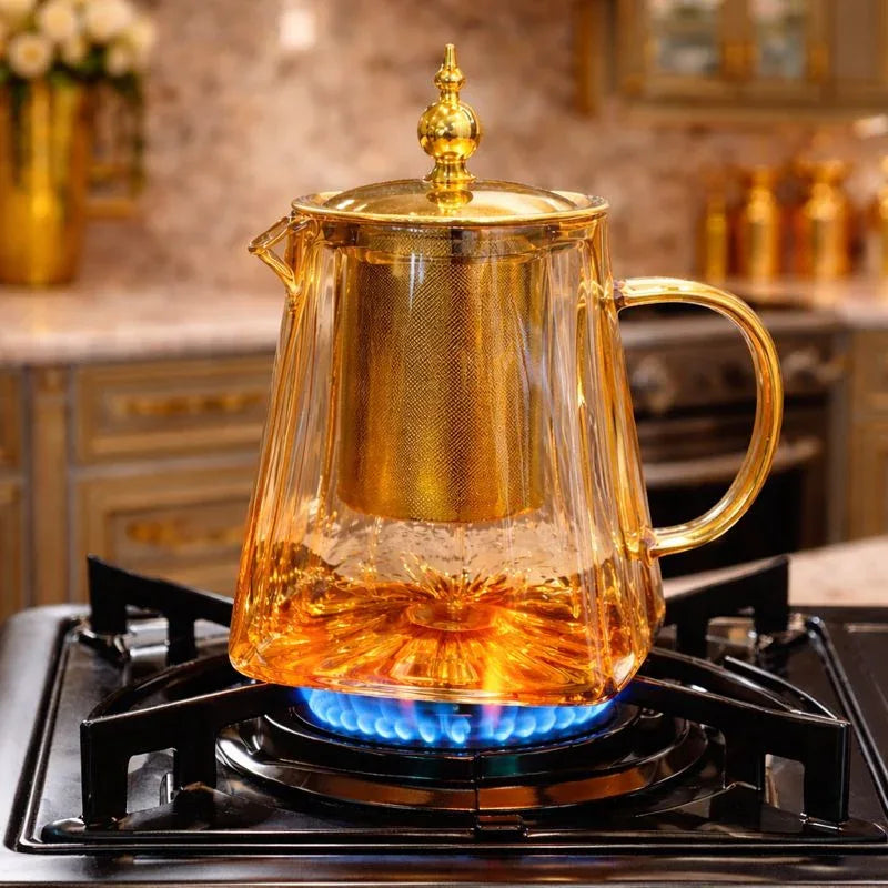 Premium Glass Tea Kettle with Golden Finish & Infuser - Clarify.pk