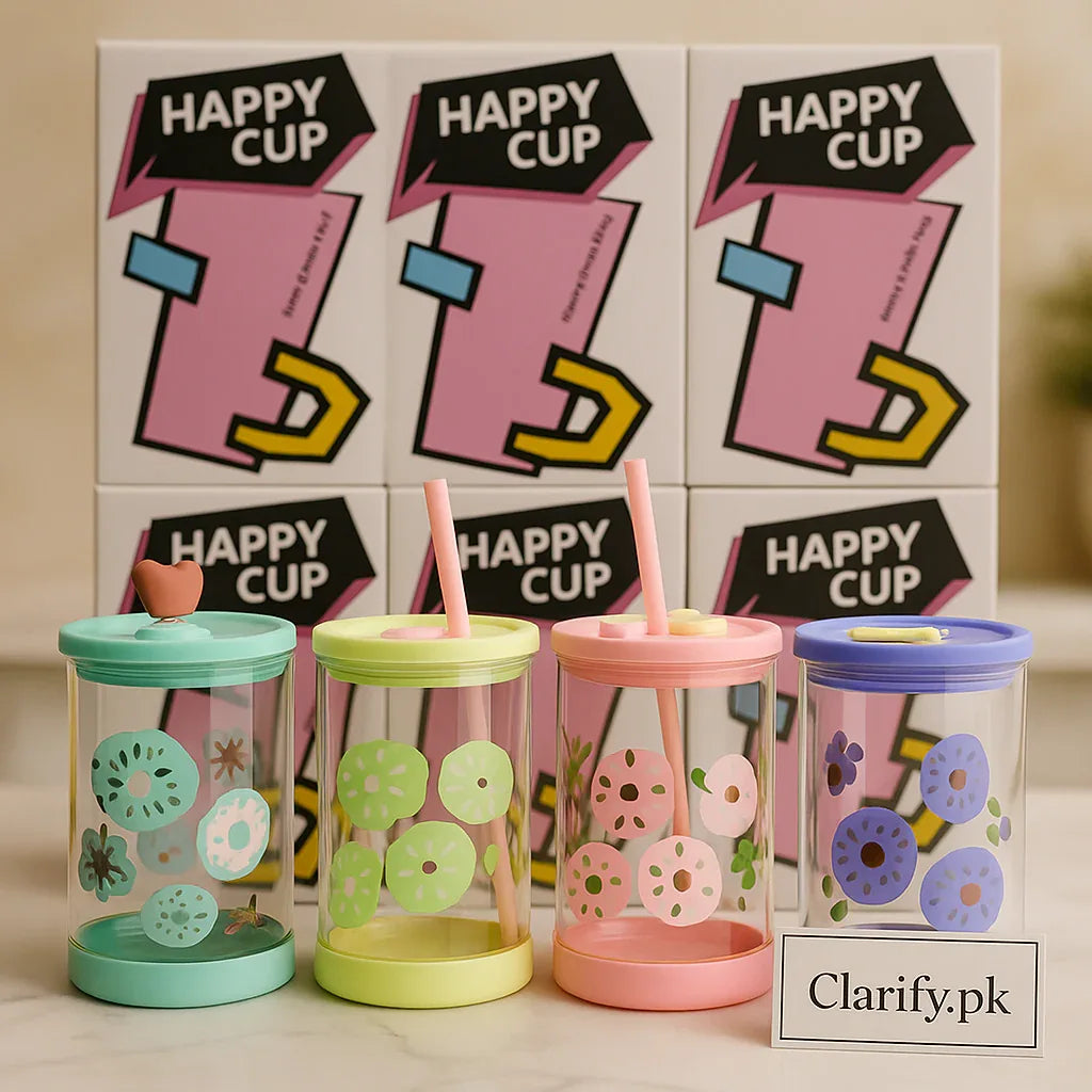 Happy Fruit Glass Cup with Straw & Lid – Cute Transparent Drinking Tumbler - Clarify.pk