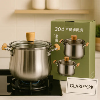 Elegant Stainless Steel Cook Pot – Wooden Grip Handles & Clear Lid - Clarify.pk