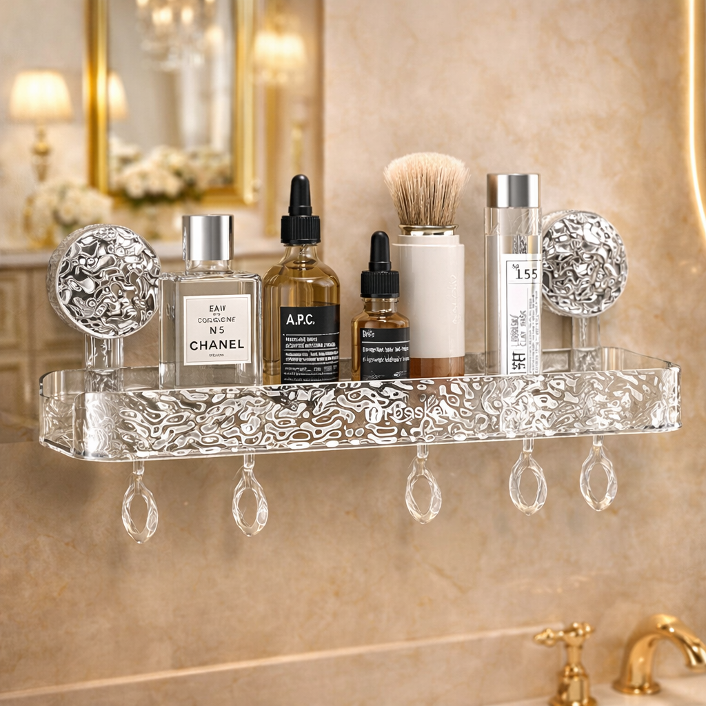 Suction Cup Shower Shelf With Hooks – Heavy-Duty Transparent Organizer KT
