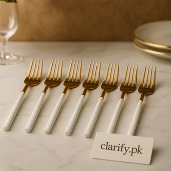 Gold & White Dinner Fork Set – 6pcs Elegant Stainless Steel Cutlery - Clarify.pk