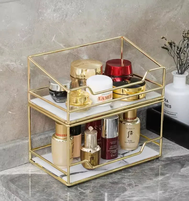 Desktop Makeup Organizer Rack - Gold Storage Box - Clarify.pk