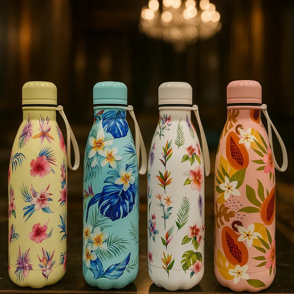 Tropical Floral Print Bottle – Stainless Steel Leakproof Flask (Random Color) - Clarify.pk