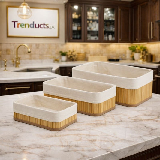 Multipurpose Bamboo Woven Basket Set with Removable Fabric Liners MJ