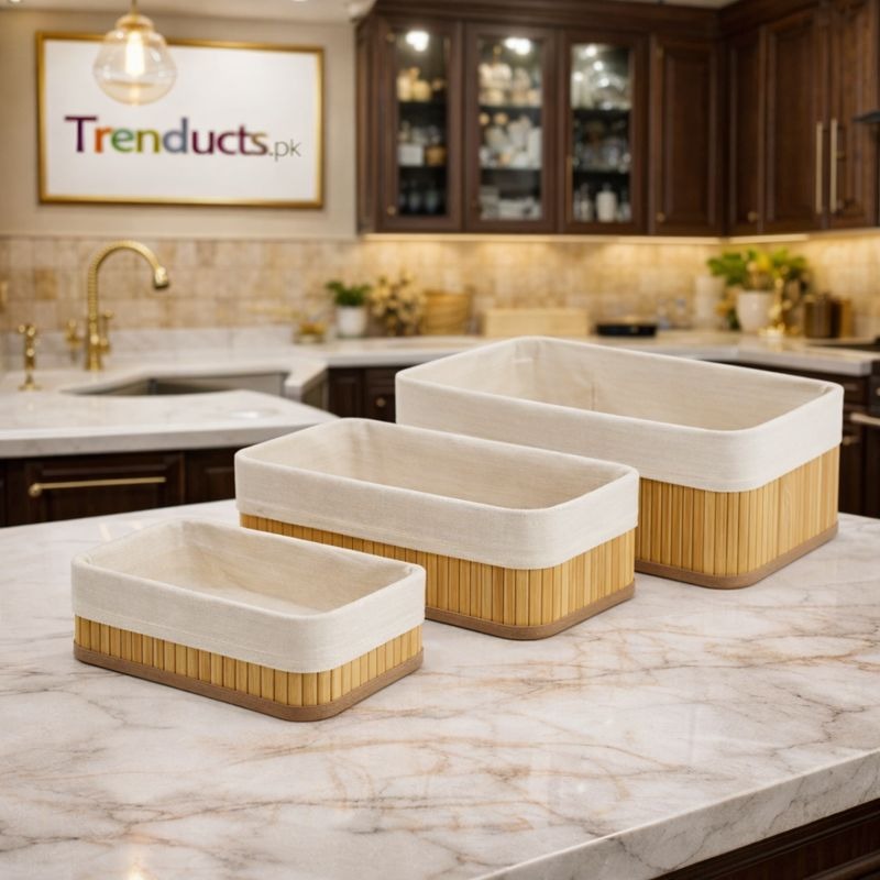 Multipurpose Bamboo Woven Basket Set with Removable Fabric Liners MJ