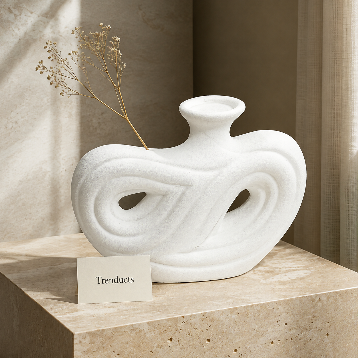 Double-Wave Sculptural White Ceramic Vase